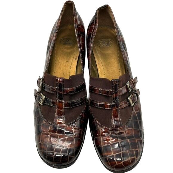 Vtg Circa Joan & David Patent Croc Wedges 9 Brown Mob Wife Y2K Office Siren - Picture 3 of 12